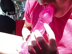 Sucking huge dildo and shooting cum in back of my car