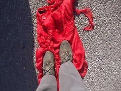 cleaning shoes on red dress 4