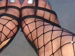 Silver Feetnails in Fishnetstockings & sexy Heels Cock Cum
