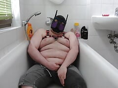 Horny man jerk off in the bathtub.