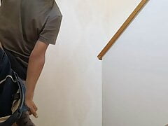 Hot smooth guy stripping and jerking off in the staircase