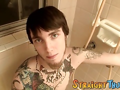 Tattoed straight thug Blinx unloads his balls in the shower