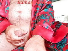 Master Ramon jerks off in hot red silk kimono and cums all over. Open your mouth!