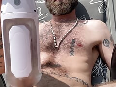 Daddy uses electric blowjob toy outside