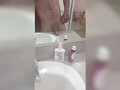 Solo sexy white man playing with cock Infront of mirror edging leaking cum until final satisfaction orgasm