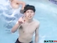 Four dudes get wet in a pool before having group spank
