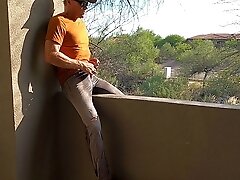 Piss and cum on a hotel balcony