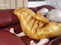 Humping Silky Smooth EMS Down Bag on Leather Sofa
