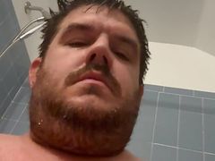 Cum watch the chubby daddy shower and jerk off and cum on his feet