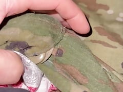 Army soldier shows his musky size 12 feet while jerking his hard cock in uniform