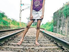 Nude men flashing big ass on railway track
