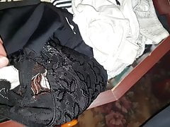 My 50yo mommy's black lace thongs marked by son's precum