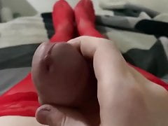 Playing with my hard girl cock