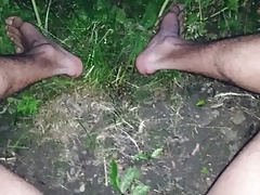 Dirty slut pisses all over himself in public