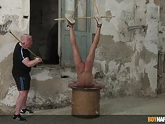 Restrained twink Jakwy Combe spanked by daddy Sebastian Kane