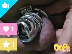 Chubby man putting on Steel Chastity cage on my cock