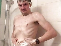Showering with huge soft cock