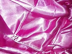 Cum with pink satin lingerie and robe