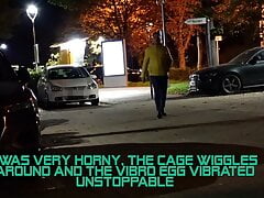 Walked around in penis cage with vibro egg and huge dildo