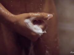 I get horny taking a shower and use an automatic masturbator on my beautiful uncut twink cock until I cum hard
