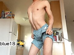Hot 18 year old twink having a good time in the kitchen with huge hairy cock
