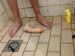 Gay dutch in the shower using dildo and lotion