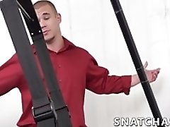 Blindfolded twink enjoys being smashed on the sex swing