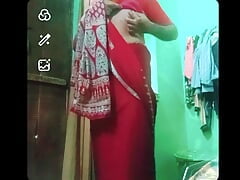 Indian gay Crossdresser xxx nude in red saree showing his bra and boobs