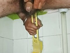 Indian gay use toilet brush and free hand cum