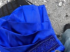 Slutty satin cocktail dress gets fucked on top of a tire