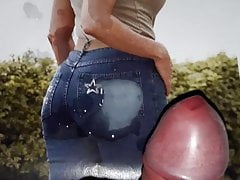 Cumtribute on mature big ass in blue jeans