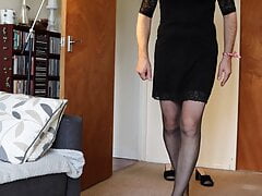 Sussanne sexy nylon legs and feet. Black lace dress, black pantyhose, black high heel sandals.