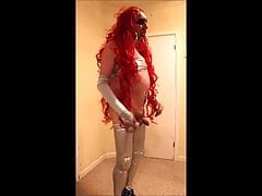 Red haired slut in silver leggings