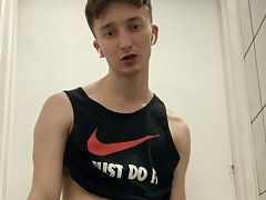 Teen boy jerk public in metro toilet and make huge cum