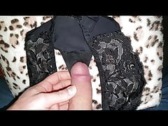 My mommy's black lace thongs covered by son's sper